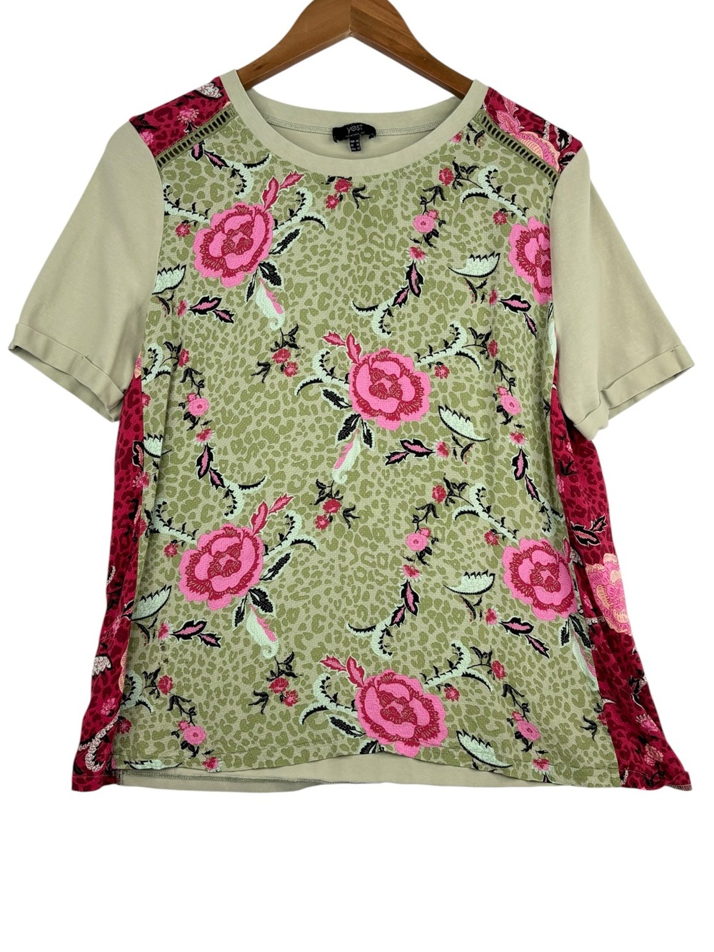 Yest 100% Viscose pale Green & Red Floral Print Short Sleeve Top EU 42 US 10 L